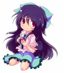  1girl black_hair black_wings chibi hair_ornament hair_ribbon komaruri long_hair looking_at_viewer red_eyes reiuji_utsuho ribbon sitting smile solo touhou wings 