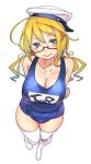  arms_behind_back blonde_hair blue_eyes breasts cleavage glasses hat i-8_(kantai_collection) kantai_collection large_breasts long_hair looking_at_viewer nishieda sailor_hat school_swimsuit smile solo swimsuit thigh-highs 