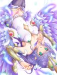  1girl aqua_eyes breasts cardfight!!_vanguard character_request cleavage hat hayabusa_koi long_hair looking_at_viewer lying pointy_ears purple_wings solo thigh-highs wings zettai_ryouiki 