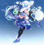  1girl aqua_eyes aqua_hair black_gloves blurry bow depth_of_field gloves gradient gradient_background hair_bow hair_ornament hair_ribbon hand_on_headwear hat hatsune_miku kinokoko-kino long_hair pantyhose pose ribbon shoes simple_background solo sparkle twintails vocaloid wand wind witch_hat yuki_miku 