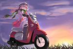  1girl :d aqua_eyes boots coat goggles_on_hat helmet long_hair motor_vehicle open_mouth original pink_hair riding scarf scooter seraphwia smile solo vehicle wind 