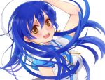  1girl blue_hair blush earrings hat jewelry long_hair looking_at_viewer love_live!_school_idol_project meme_(zuwaigani4) open_mouth smile solo sonoda_umi yellow_eyes 