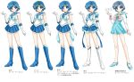  5girls bishoujo_senshi_sailor_moon blue_eyes blue_hair blue_skirt boots bow brooch character_name choker earrings elbow_gloves gloves high_heels jewelry knee_boots magical_girl mercury_symbol miniskirt mizuno_ami multiple_girls multiple_persona pleated_skirt ribbon sailor_collar sailor_mercury shirataki_kaiseki short_hair skirt smile super_sailor_mercury super_sailor_mercury_(stars) tiara translation_request white_background white_gloves 