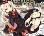  1girl axe bisonbison black_gloves bow earrings elbow_gloves gloves headphones jewelry lipstick long_hair looking_at_viewer makeup mayu_(vocaloid) parted_lips smile solo stuffed_toy vocaloid weapon white_hair yellow_eyes 