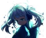  1girl blue_eyes blue_hair bubble ene_(kagerou_project) headphones rosuuri simple_background solo twintails twitter_username 