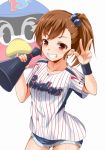  1girl baseball_jersey blush brown_eyes brown_hair fuku_d futami_mami grin hair_bobbles hair_ornament idolmaster megaphone short_hair shorts side_ponytail smile solo tokyo_yakult_swallows v wristband 