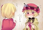  2girls aki_minoriko aki_shizuha blonde_hair blush bow bust commentary_request embarrassed food fruit grapes hammer_(sunset_beach) hat multiple_girls open_mouth red_eyes siblings sisters touhou translation_request 