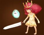 1girl barefoot blush_stickers brown_background child child_of_light_(game) crown dress e10 elbow_gloves freckles gloves igniculus long_hair looking_at_viewer pink_hair princess_aurora simple_background sword weapon wisp 