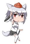 1girl :&lt; animal_ears arm_up bare_shoulders blush breasts chibi detached_sleeves hat highres inubashiri_momiji looking_at_viewer open_mouth oruhuru pom_pom_(clothes) red_eyes short_hair silver_hair simple_background solo tail tokin_hat touhou white_background white_legwear wolf_ears wolf_tail 