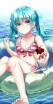  1girl bikini blue_eyes blue_hair breasts cherry chocolate cleavage cup food frilled_bikini frills fruit hatsune_miku holding ice_cream innertube knees_together_feet_apart knees_touching long_hair midriff navel open_mouth pink_ribbon ribbon shinya90 sitting solo spoon strawberry striped striped_swimsuit swimsuit twintails vocaloid water 