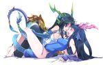  1girl absurdres black_hair blue_eyes breasts ceda_(dace) china_dress chinese_clothes dragon_girl dragon_horns dragon_tail dual_persona head_fins highres horns karin_(p&amp;d) long_hair lying lying_on_person on_back open_mouth pantyhose puzzle_&amp;_dragons tail 