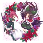  2girls :d animal_ears bell black_hair black_wings boots bow braid breasts brown_eyes cape cat_ears cat_tail christmas cleavage gloves hair_bow hair_ornament hayabusa_koi kaenbyou_rin long_hair multiple_girls multiple_tails open_mouth pointy_ears red_gloves redhead reiuji_utsuho smile tail thigh-highs touhou twin_braids wings zettai_ryouiki 