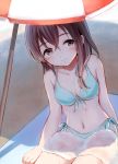  1girl bikini brown_eyes brown_hair fujiwara_hajime furorida idolmaster idolmaster_cinderella_girls short_hair swimsuit towel umbrella 