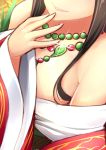  1girl absurdres bare_shoulders beads black_hair breasts bust dean hand_to_own_mouth highres japanese_clothes jewelry kimono kushinada_(p&amp;d) large_breasts lips long_hair long_sleeves magatama necklace off_shoulder out_of_frame puzzle_&amp;_dragons solo sparkle 