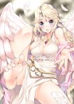  1girl barefoot blonde_hair blue_eyes breasts cleavage feathers feet large_breasts long_hair looking_at_viewer reaching_out smile solo wings yatsu_(sasuraino) 