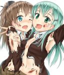  2girls :d aqua_eyes arm_up armpits blood breasts brown_hair cleavage green_eyes green_hair hair_ornament hairclip hand_on_another&#039;s_shoulder injury kantai_collection kumano_(kantai_collection) long_hair looking_at_viewer multiple_girls navel one_eye_closed open_mouth ponytail seraphwia smile suzuya_(kantai_collection) torn_clothes wavy_mouth white_background wound 