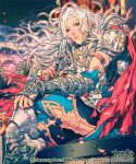  1boy androgynous armor blue_eyes breastplate cape clouds cloudy_sky crossed_legs frills gun japants leg_armor long_hair looking_at_viewer male original pauldrons pistol silver_hair sitting sky solo torn_clothes vambraces weapon wind 