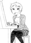  1girl arcade_cabinet jacket original pantyhose playing_games short_hair sitting skirt solo stool striped striped_skirt sweatdrop tsukudani_(coke-buta) tsurime tsurime-chan 