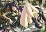  1girl alternate_costume black_hair boots breasts bullet camouflage cleavage clock_eyes date_a_live hat heterochromia kamisa long_hair looking_at_viewer military military_uniform red_eyes rigle smile solo tokisaki_kurumi twintails uniform woodland_pattern yellow_eyes 