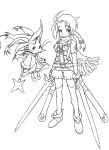  1girl ahoge boots braid character_request dual_wielding e10 final_fantasy gloves hat lineart monochrome moogle open_mouth scarf simple_background smile staff standing sword thigh-highs twin_braids weapon whiskers wings witch_hat 