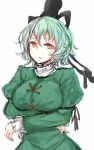  1girl breast_rest breasts chestnut_mouth crossed_arms dress frilled_sleeves frills ghost green_dress green_hair hat kitunemimi large_breasts long_sleeves looking_at_viewer puffy_long_sleeves puffy_sleeves short_hair sketch soga_no_tojiko solo_focus tate_eboshi touhou traditional_clothes turtleneck yellow_eyes 