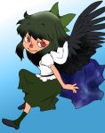  1girl black_hair cape green_hair long_hair onikobe_rin red_eyes reiuji_utsuho ribbon skirt smile solo touhou wings 