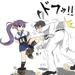  1boy 1girl admiral_(kantai_collection) akebono_(kantai_collection) bell black_hair flower gloves hair_bell hair_ornament hands_on_hips hat kantai_collection kicking kururunpa long_hair machinery naval_uniform purple_hair side_ponytail turret violet_eyes 