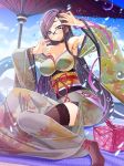  1girl bare_shoulders blue_eyes breasts cleavage cloth glasses japanese_clothes long_hair obentou oriental_umbrella purple_hair sakuya_tsuitachi splashing tenka_touitsu_chronicle thigh-highs umbrella water 