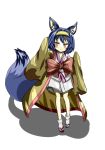  1girl blue_hair blush_stickers brown_eyes fox_tail hair_ornament hairband hatsuse_izuna highres japanese_clothes kotou_(ko-tou) no_game_no_life parted_lips sandals short_hair simple_background solo standing tail white_background white_legwear 