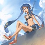  1girl bikini_top blue_eyes blue_hair flat_chest inkling long_hair looking_at_viewer miyo_(13th_floor) open_mouth pointy_ears shoes shorts sitting smile solo splatoon star 
