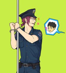  /\/\/\ 1boy ? black_hair cuffs free! future_fish green_eyes handcuffs hat male matsuoka_rin pole police police_hat police_uniform ponytail red_eyes redhead speech_bubble sweat twoframe uniform yamazaki_sousuke 