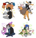  1girl 3boys 3d_glasses animal_ears black-framed_glasses black_hair cat_ears claws clefairy coat crossover doduo eridan_ampora fang fangs fingerless_gloves glasses gloves grey_skin heart homestuck horns magnemite meowth mohawk mudkip multiple_boys multiple_heads multiple_tails nepeta_leijon open_mouth pokemon pokemon_(game) scarf short_hair sitting skitty smile sollux_captor striped striped_scarf tail tauros tavros_nitram trait_connection vaporeon yellow_sclera 