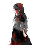  1girl akemi_homura black_hair blood blood_on_face bloody_clothes dress funeral_dress hairband long_hair mahou_shoujo_madoka_magica mahou_shoujo_madoka_magica_movie profile simple_background solo spoilers tsubame_(joy_534) violet_eyes white_background 