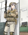  3girls annko baseball_cap brown_hair character_name disguise furniture ghillie_suit gun hat headphones holster idolmaster indoors knee_pads long_hair military military_uniform multiple_girls pants pistol ponytail rifle shijou_takane sign silver_hair sniper_rifle solo_focus translation_request uniform weapon 