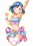  arm_up armpits blue_hair blush bracelet fuku_d green_eyes idolmaster idolmaster_million_live! jewelry kneeling looking_at_viewer midriff nanao_yuriko navel one_eye_closed short_hair skirt smile striped striped_legwear thigh-highs yellow_eyes 