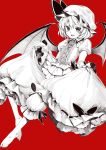 1girl barefoot bat_wings bloomers chikado curtsey dress fang hat highres looking_at_viewer mizusaki_(tengoku) monochrome open_mouth red_background remilia_scarlet short_hair simple_background solo touhou underwear wings 