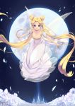  1000marie 1girl bare_shoulders bishoujo_senshi_sailor_moon blonde_hair blue_eyes breasts cleavage crescent detached_sleeves double_bun dress facial_mark flower forehead_mark full_moon highres long_hair looking_at_viewer moon princess_serenity rose smile solo strapless_dress tsukino_usagi twintails white_dress white_rose wings 
