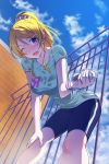  1girl ayase_eli bending_forward blonde_hair blue_eyes blue_legwear blush bottle brick_wall clouds cloudy_sky collarbone emanon123 eye_contact fence hair_ornament hairclip hand_on_knee highres long_hair looking_at_another looking_at_viewer love_live!_school_idol_project one_eye_closed open_mouth ponytail scrunchie short_sleeves shorts sky smile solo sweat water_bottle wristband 