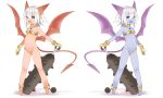  2girls demon_girl gloves highres horns mofuaki multiple_girls open_mouth original simple_background symmetry tail weapon white_background wings 