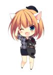  1girl ;d animal_ears aqua_eyes blush brown_hair cat cat_ears chibi fang hat izumiyuhina looking_at_viewer one_eye_closed open_mouth original salute short_hair simple_background smile white_background 