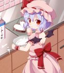  1girl bat_wings blue_hair bowl chocolate chocolate_heart chocolate_making dress finger_in_mouth finger_sucking hat hat_ribbon heart kitchen looking_at_viewer looking_back milk_carton mob_cap nikku_(ra) pink_dress puffy_short_sleeves puffy_sleeves red_eyes remilia_scarlet ribbon sash short_sleeves solo touhou valentine white_chocolate wings wrist_cuffs 