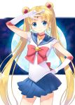  1girl bishoujo_senshi_sailor_moon blonde_hair blue_eyes choker double_bun earrings elbow_gloves gloves hair_bun hair_ornament hand_on_hip hyuuga_azuri jewelry looking_at_viewer moon sailor_moon school_uniform serafuku smile solo tsukino_usagi twintails white_gloves 