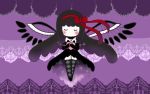  1girl akemi_homura akuma_homura argyle argyle_legwear bare_shoulders black_gloves black_hair bow chibi choker closed_eyes dress elbow_gloves facing_viewer feathered_wings gloves hair_bow heart highres hug long_hair mahou_shoujo_madoka_magica mahou_shoujo_madoka_magica_movie nemuru-chan no_mouth simple_background solo spoilers thigh-highs wings zettai_ryouiki 