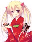  1girl :d blonde_hair bow bowl food hair_bow hair_ornament hair_ribbon holding izumiyuhina japanese_clothes kimono looking_at_viewer open_mouth original red_eyes ribbon smile solo twintails zouni_soup 