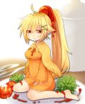  1girl blonde_hair blush breasts food_as_clothes food_themed_clothes jitome ketchup long_hair looking_at_viewer mofuaki personification ponytail sitting solo wariza 