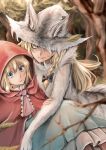  2girls alice_margatroid alternate_costume animal_ears blonde_hair blue_eyes blurry braid capelet depth_of_field forest fur hat hood kirisame_marisa little_red_riding_hood long_hair looking_at_viewer mitsunara multiple_girls nature short_hair smile touhou witch_hat wolf_ears yellow_eyes 