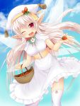  1girl blush breasts fairy fairy_wings hat long_hair looking_at_viewer mofuaki one_eye_closed open_mouth original pointy_ears sky solo very_long_hair white_legwear wings 