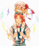  1boy 1girl ^_^ biting blonde_hair braid carrying closed_eyes fang flandre_scarlet genderswap hands_together hat hat_biting hat_ribbon highres hong_meiling kneehighs long_sleeves mob_cap no_shoes pointy_ears puffy_short_sleeves puffy_sleeves redhead ribbon short_hair short_sleeves shoulder_carry side_ponytail simple_background sketch smile star tian_(my_dear) touhou twin_braids v_arms vest white_background white_legwear wings wrist_cuffs 
