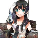  1girl agano_(kantai_collection) black_hair blue_eyes breasts cannon cleavage gloves itomugi-kun kantai_collection long_hair navel salute school_uniform smile solo turret white_gloves 