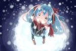  1girl aqua_hair black_legwear blurry brown_gloves brown_hair covering_mouth depth_of_field detached_sleeves from_above gloves green_eyes hands_together hatsune_miku kinokoko-kino long_hair looking_at_viewer looking_up pleated_skirt scarf skirt snowing solo twintails vocaloid 